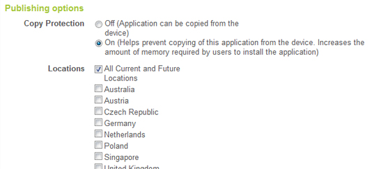 Copy Protection in the Android Market Publishing Options: