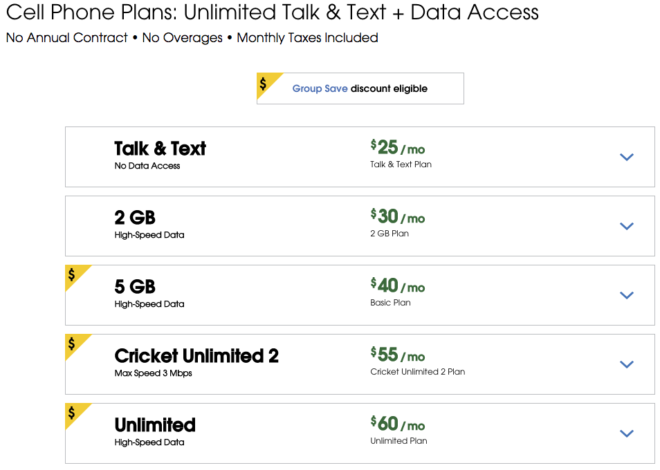 Cricket no longer offers its 8GB and 12GB data plans